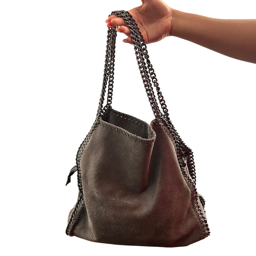 Vera Pelle Italian Leather Metallic Chain Link Slouchy Tote Bag Pewter Gray